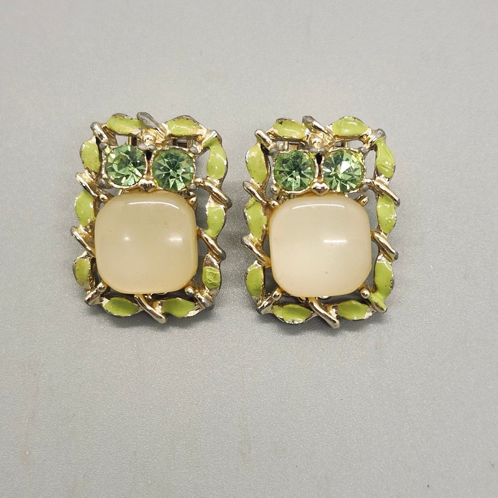 Vintage Clip On Earrings 1" Gold Tone Green Enamel Cabochon Rhinestone
